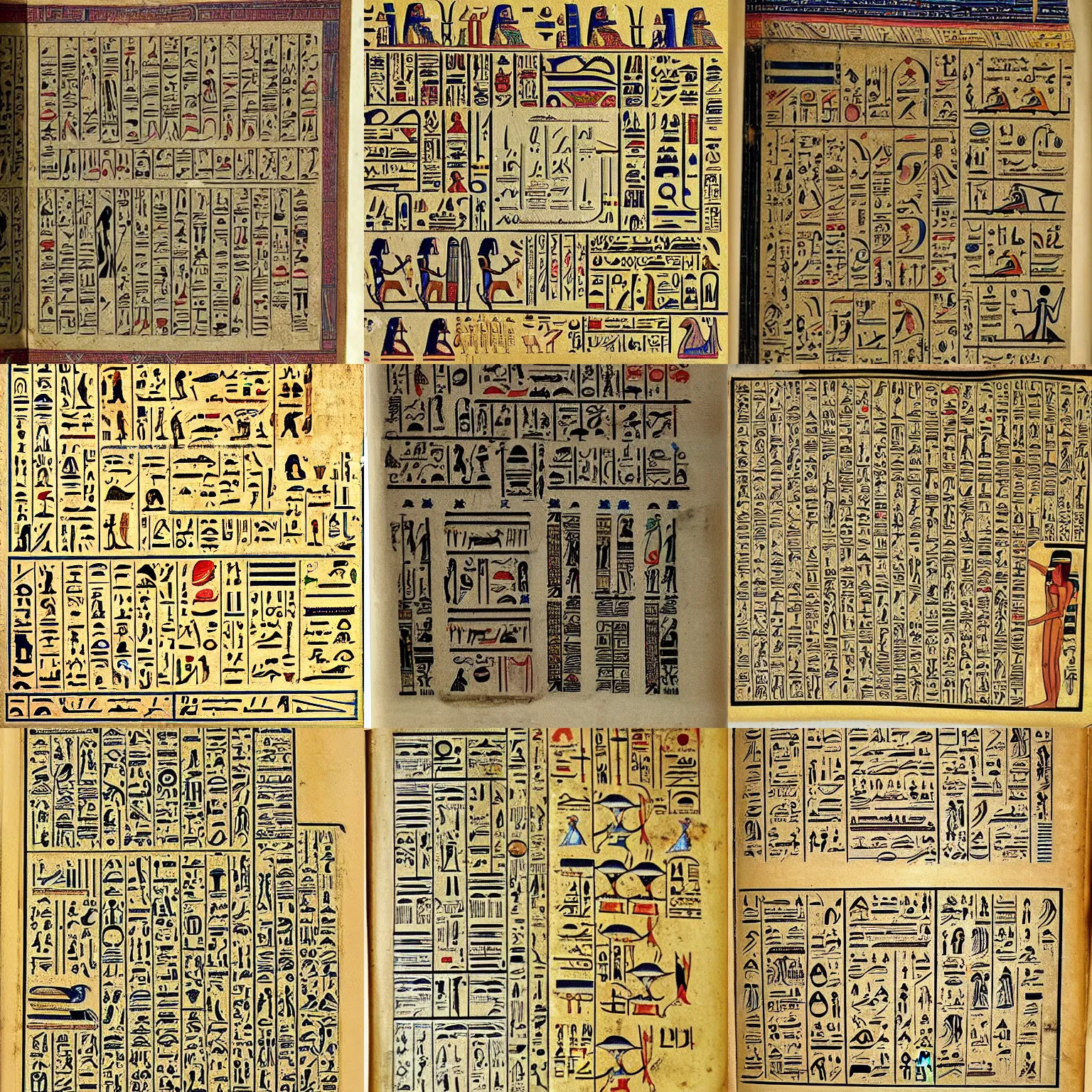 Prompt: page of book full of egyptian hieroglyphs mixed with mysterious equations, with illustration of magic