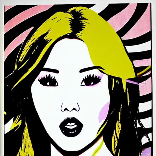 Image similar to popart painting of Hwasa. Mamamoo beautiful singer talented woman. Full body popart cute face. By andy warhol