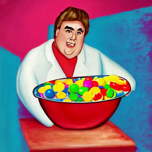 Prompt: john candy in a bowl of candy, high detail