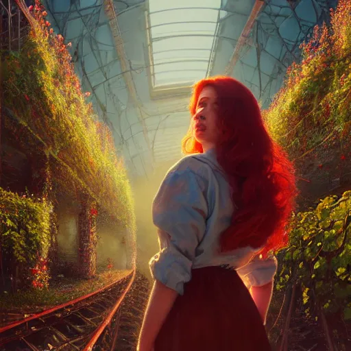 Prompt: red hair girl, chernobyl powerplant, disneyland castle, rubble, flowers, vines, hyperrealistic, highly detailed, cinematic, single ray of golden sunlight, beautiful, cgssociety, artstation, 8 k, oil painting by greg rutkowski, by artgerm, by wlop