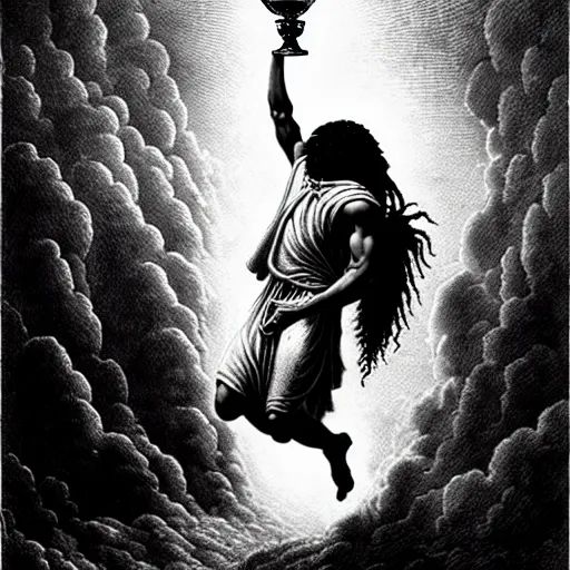 Prompt: cheef keef ascending into heaven holding cup of lean, biblical image, style of gustave dore, highly detailed, beautiful, high contrast, black and white