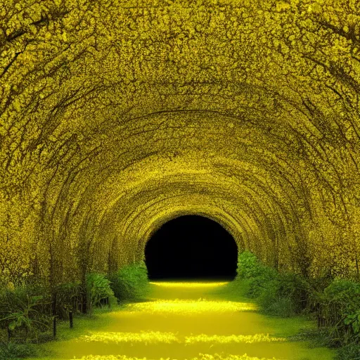 Prompt: an infinite archway tunnel of golden laburnum tres in bloom painted by caravaggio