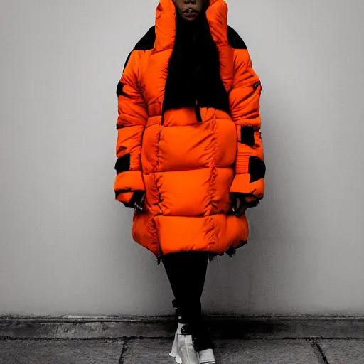 Prompt: black and white extremely beautiful photograph of a woman wearing an oversized orange puffer jacket in the style of dingyun zhang, yeezy, kanye west, balenciaga, vetements