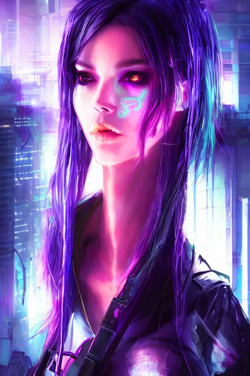 Image similar to portrait futuristic wickedness cyberpunk young female necromancer, in futuristic moonlight light source tokyo rooftop cyberpunk night, ssci-fi, fantasy, intricate, very very beautiful, elegant, neon light, highly detailed, digital painting, artstation, concept art, soft light, hdri, smooth, sharp focus, illustration, art by tian zi and craig mullins and WLOP and alphonse mucha