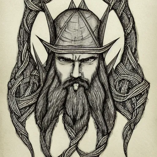 Prompt: bearded middle aged male druid gray skin pointy ears with vines as hair detailed fantasy drawing