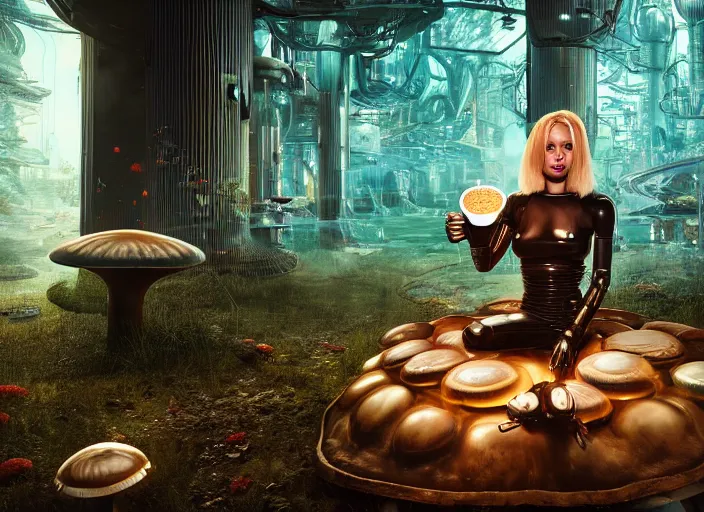 Image similar to photo of an intricate and sophisticated terminator woman with borg enhancements, blonde hair, plastic mask, sitting on a giant mushroom in a weird magical mechanical forest and drinking a cup of tea. Very detailed 8k. Fantasy cyberpunk horror. Sharp. Unreal 5 render with nanite, global illumination and path tracing. Cinematic post-processing