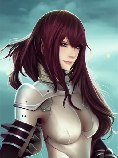 Image similar to a portrait of an attractive knight female anime character with long hair, artgerm