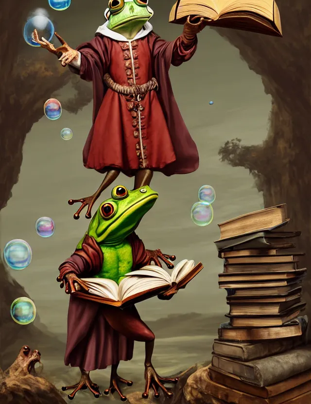 Prompt: anthropomorphic bipedal frog that is dressed as a medieval librarian, and holding a giant book, as a matte oil painting and d & d character art, by sofonisba anguissola, standing, fullbody, floating bubbles, loose pages, concept art, award - winning, extremely detailed, sharp focus