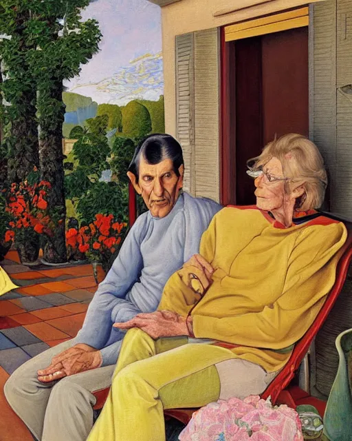 Image similar to a painting of leonard nimoy and janice rand sitting on a porch, a fine art painting by andre charles bieler and by ernest bieler and by jacob philipp hackert, shutterstock contest winner, german romanticism, wimmelbilder, detailed painting, academic art