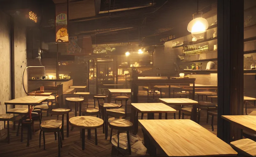 Prompt: a small cozy ramen restaurant at night, trending on cgsociety, unreal engine, 4 k wallpaper