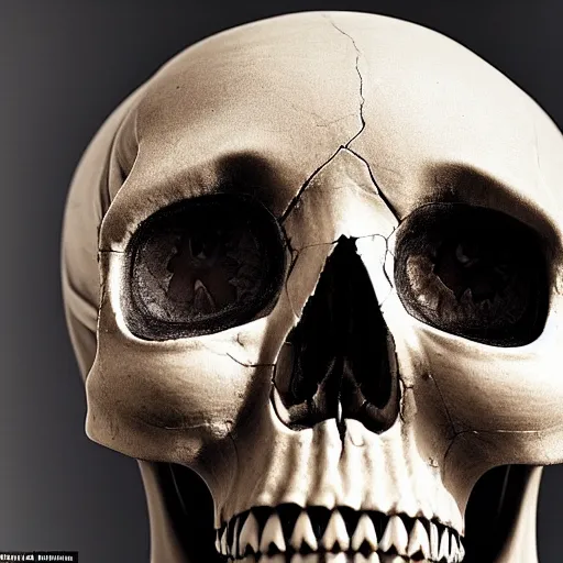 Image similar to a award winning stunning photograph of a skull with eyeballs and ornate carvings