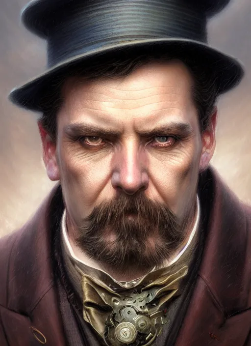 Image similar to closeup portrait shot of a victorian detective in a scenic mystery environment, intricate, elegant, highly detailed, centered, digital painting, artstation, concept art, smooth, sharp focus, illustration, artgerm, tomasz alen kopera, peter mohrbacher, donato giancola, joseph christian leyendecker, wlop, boris vallejo