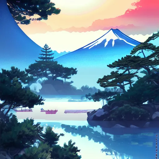 Prompt: a beautiful painting of japan with mountains, anime, nature, illustration, nature wallpaper , bright and aeril , by nakoto shinkai, trending on artstation ,digital art