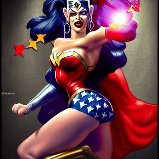 Prompt: perfectly-centered-full-shot photo of Harley Quinn kissing Wonder Woman, Pinup Girl Poster, looking out towards gotham city, big bust, intricate, elegant, super highly detailed, professional digital painting, artstation, concept art, smooth, sharp focus, no blur, no dof, extreme illustration, Unreal Engine 5, 8K, art by artgerm and greg rutkowski and alphonse mucha and loish and WLOP