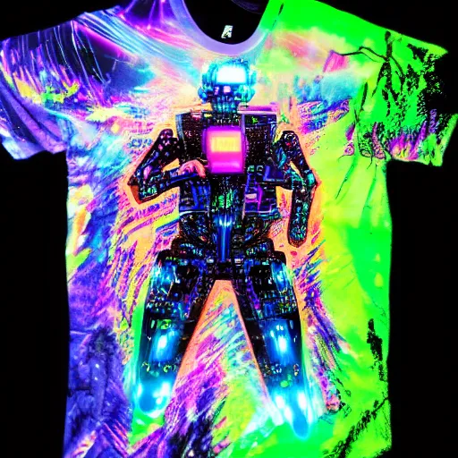 Image similar to photo of a black tshirt with a hyperdetailed portrait of a futuristic trippy cyberpunk dancing robot, 8 k, symetrical, flourescent colors, multicolored tshirt art,
