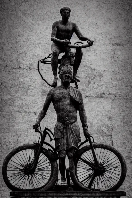 Prompt: photo of the ancient statue of biker on the ancient bike, symmetrical, cinematic, real dlsr photography, sharp focus, 4 k, ultra hd, sense of awe, archeology journal cover