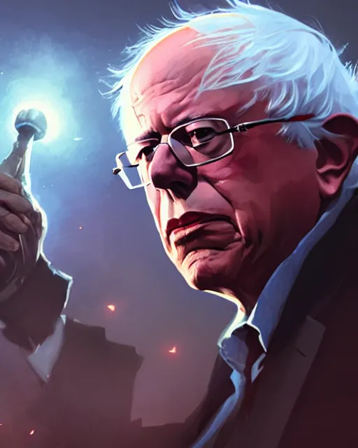 Image similar to bernie sanders as a league of legends champion, medium shot close up, details, sharp focus, illustration, by jordan grimmer and greg rutkowski, trending artstation, digital art