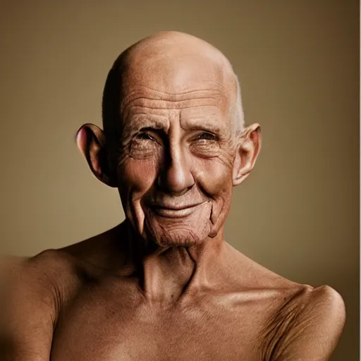 Prompt: hairless old man with very outstretched skin enjoying himself, portrait photo, highly detailed, studio lighting, by annie lebowitz