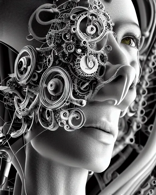 Image similar to mythical black and white organic bio-mechanical spinal ribbed profile face portrait detail of mechanical beautiful female angelic-vegetal-cyborg, highly detailed, intricate steampunk ornate, poetic, 3D render, digital art, octane render, 8K artistic photography, photo-realistic, by Dora Maar