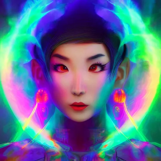 Image similar to long Shot of psychedelic Chun-Li standing in mysterious chromatic astral temple , stylish, lsd, soft, trending on artstation, cinematic, artwork by WLOP