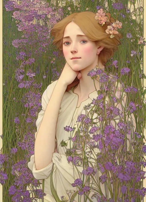 Prompt: pretty young man with shoulder length blond hair, half body shot, emotional, decorative flower patterned background, path traced, highly detailed, high quality, digital painting, by studio ghibli and alphonse mucha, leesha hannigan, hidari, disney, jules bastien - lepage, art nouveau, anna dittmann