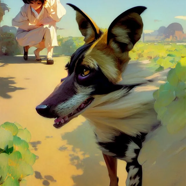 Image similar to a female character inspired by an african wild dog, short hair, basic background, krenz cushart, mucha, ghibli, by joaquin sorolla rhads leyendecker, by ohara koson