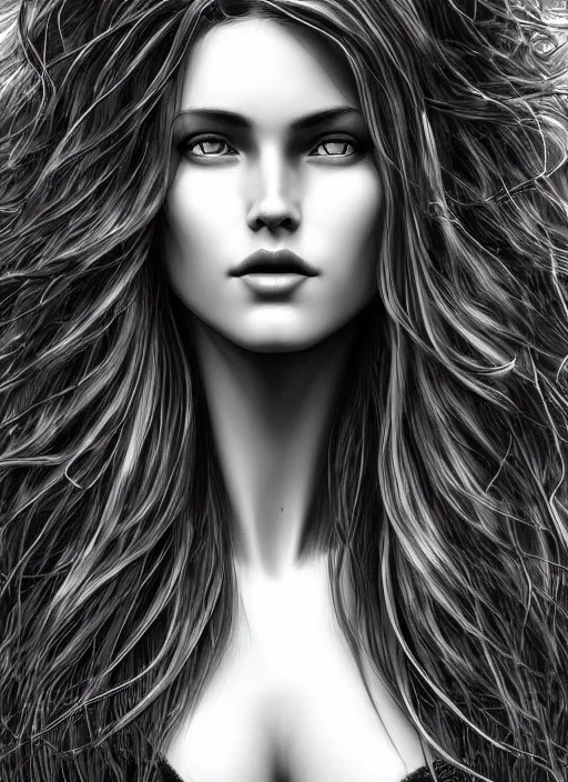 Image similar to up close portrait of a beautiful woman in black and white, photorealistic, intricate hair, art by diego fazio and diegoKoi and oscar Ukono, concept art, sharp focus, artgerm, 8k highly detailed