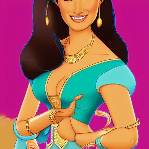 Prompt: salma hayek as princess jasmine from disney's aladdin, portrait, disney animation style