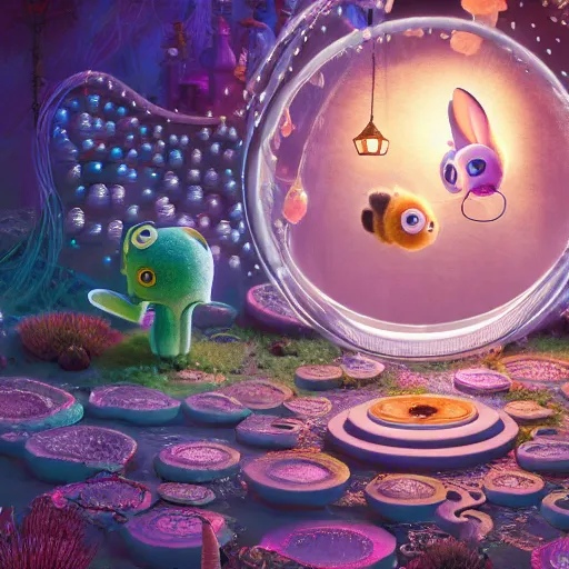 Image similar to gates of heaven, expressive eyes, floating, rbc, bunny, radiolaria, protophyta, micro - organisms, center frame, symmetric, rim light, marine microbiology, bioluminescence, electric, fur, soft, concept art, intricate details, highly detailed, colorful, photorealistic, disney pixar, octane render,