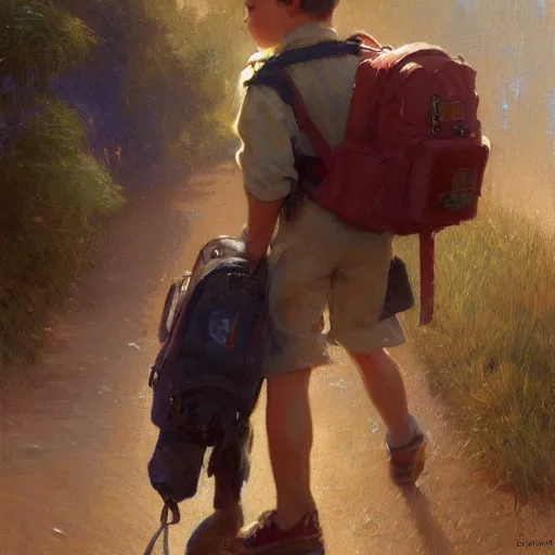 Prompt: a young boy walking to school with a backpack, soft lighting, highly detailed face!!, sharp focus, artstation, by gaston bussiere, j. c. leyendecker, craig mullins