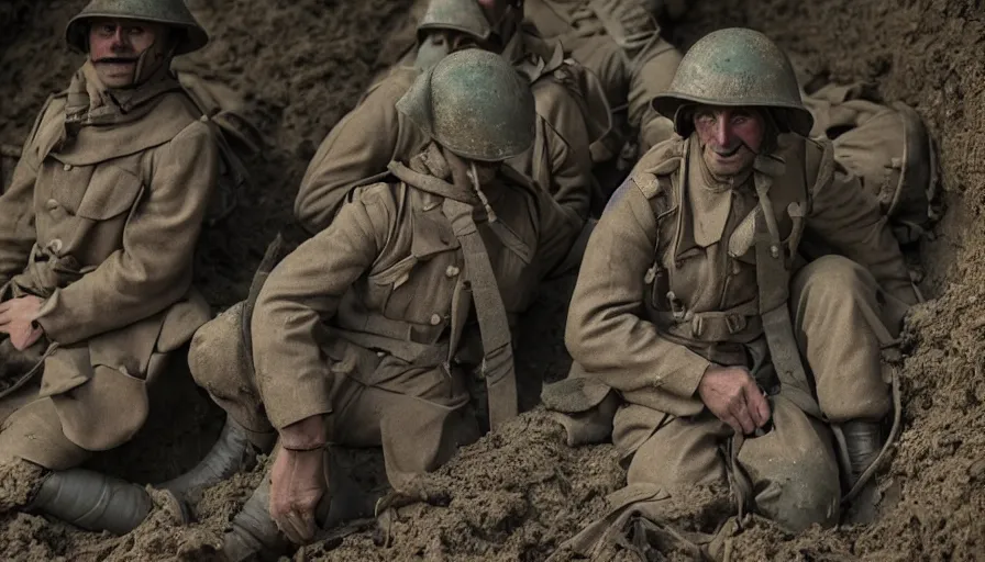 Image similar to World War 1 soldier ghosts in abandoned trenches, cinematic lighting, IMAX cinematography