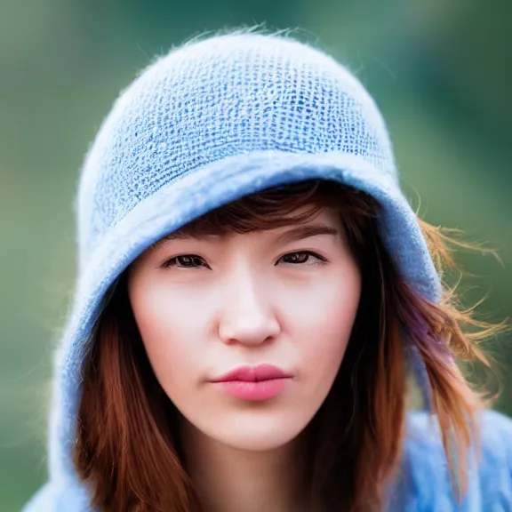 Prompt: portrait of 2 5 - year - old social media profil woman oval face with angle 9 0 ° centred looking away breading fresh air, strong spirit and look between serious and happy, background soft blue