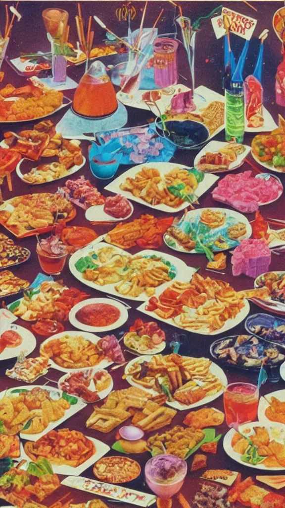 Prompt: 1 9 8 0 s airbrush surrealism illustration of a spread of party food, by ryo ohshita