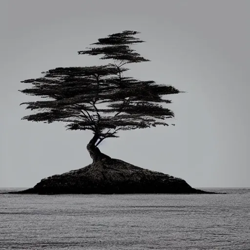 Image similar to a singled barren dead tree on a tiny island surrounded by a peaceful calm ocean, minimalist art, stylized illustration, dull color palette