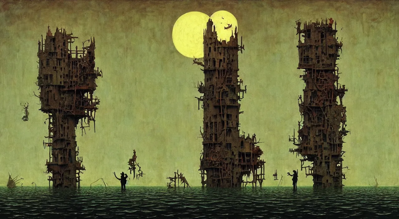 Image similar to single flooded simple!! skeleton tower anatomy, very coherent and colorful high contrast masterpiece by norman rockwell franz sedlacek hieronymus bosch dean ellis simon stalenhag rene magritte gediminas pranckevicius, dark shadows, sunny day, hard lighting