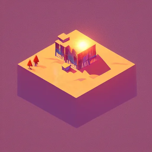 Image similar to isometric vector, low poly, brown cross icon, on the top of a hill, sunset background, cgsociety, volumetric lighting, artstationhq