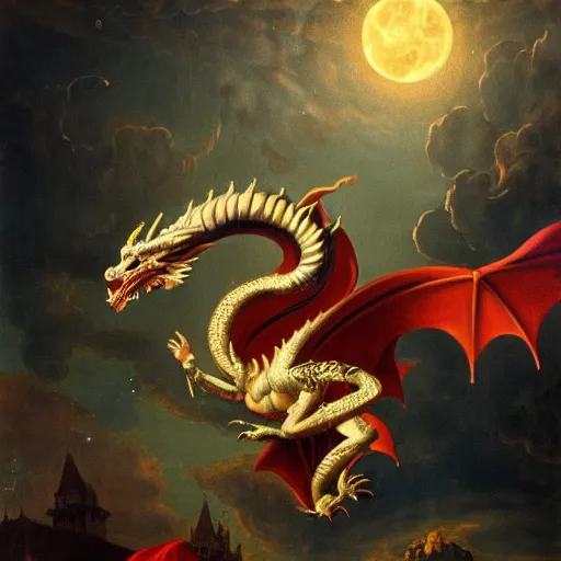 Image similar to baroque painting of a medieval dragon dressed as a wizard, the dragon has a long white beard, crescent moon in the background, detailed fullbody portrait, 8K HD image