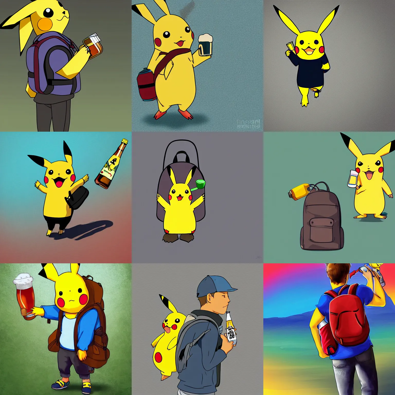 Prompt: pikachu drinking a beer bottle while walking with a backpack on his back, digital art