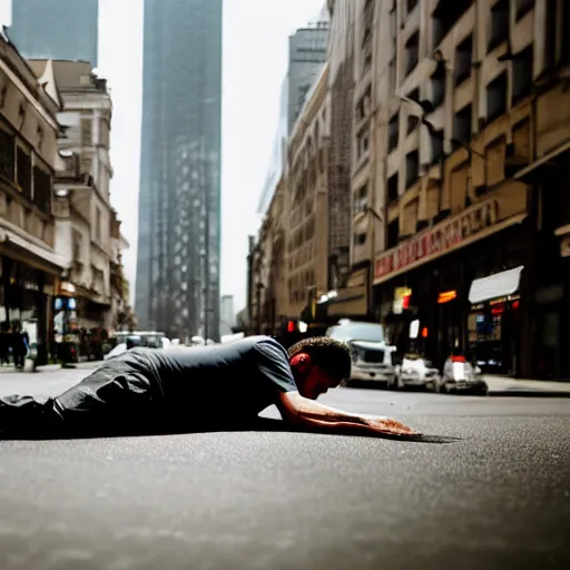 Image similar to a man laying lifeless on the road of a big city, photography,