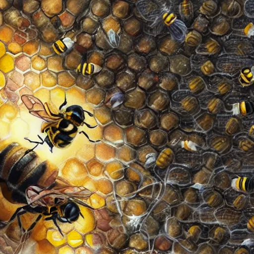 Image similar to wasp against bees inside a bee hive, artstation