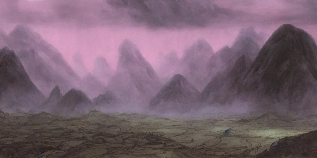 Image similar to Artwork by John Howe of the cinematic view of Xu, a dark planet of dark timberlands, windy scrublands, and mystic valleys, beneath heavy pink clouds.