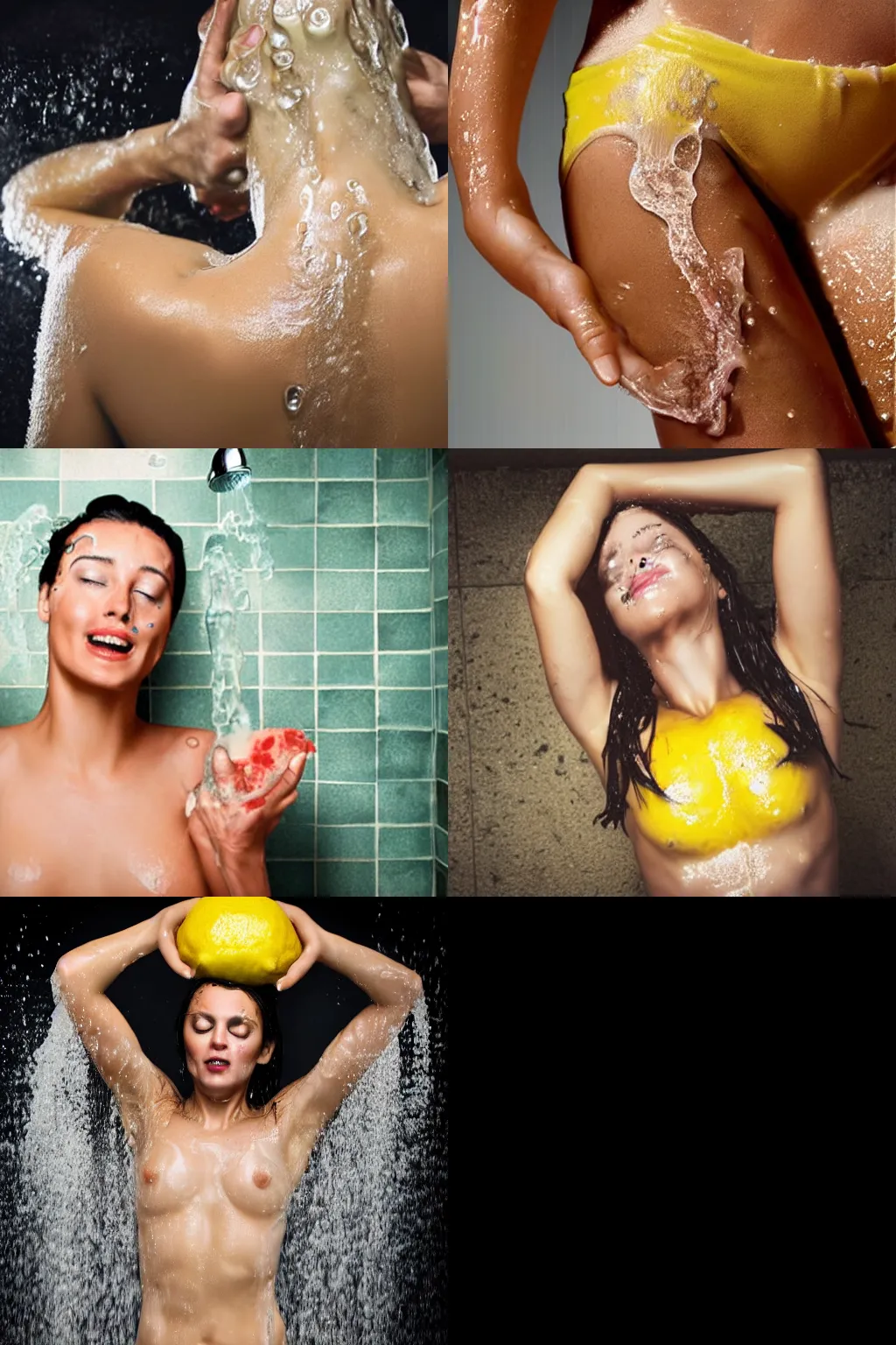 Prompt: woman showering in lemon juice with visible wounds on her body, realistic, album cover
