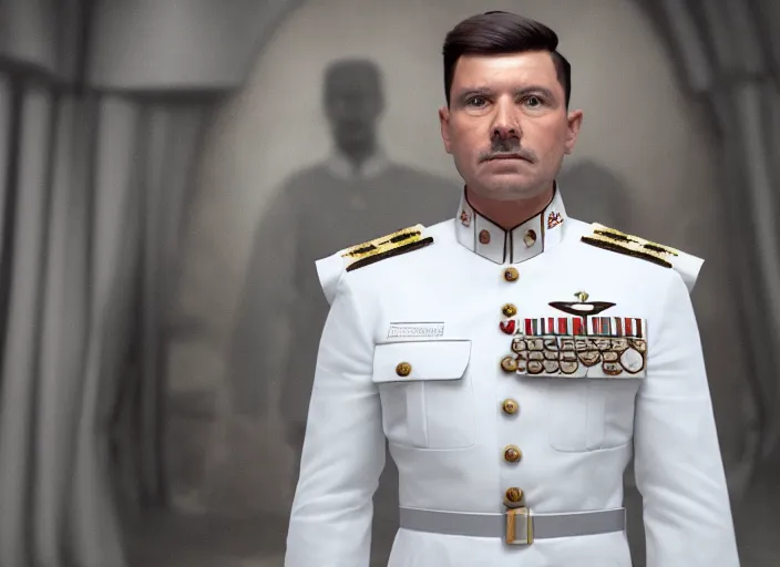 Image similar to proud general wearing a white tunic uniform, no medals, no epaulettes, his arms are behind his back, ultra realistic, 4 k, movie still, uhd, sharp, detailed, cinematic, render, modern