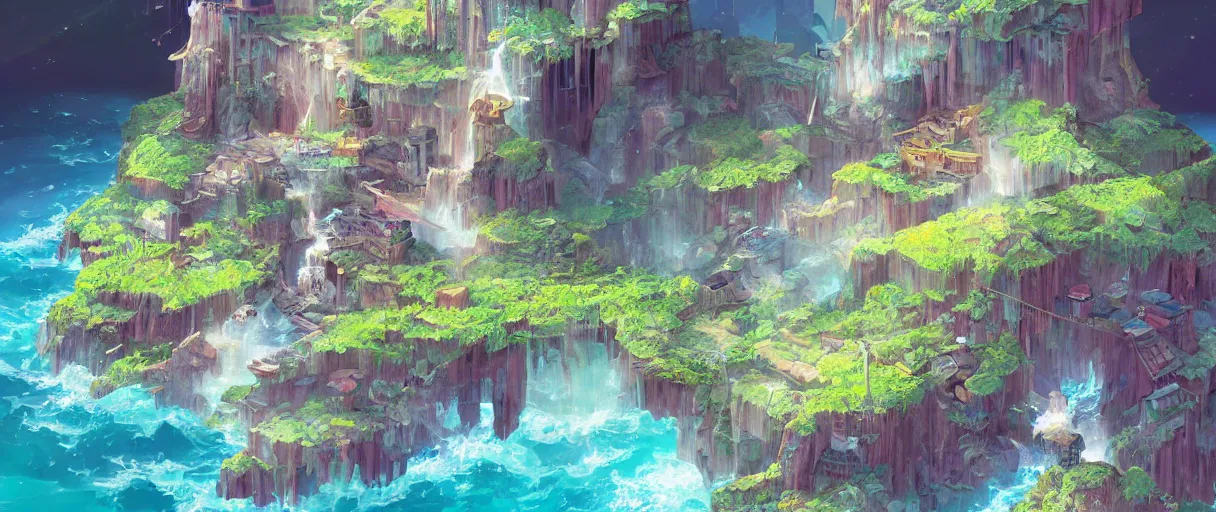 Image similar to a small crumbling island in space with waterfalls, studio ghibli, digital art, detailed, depth of field