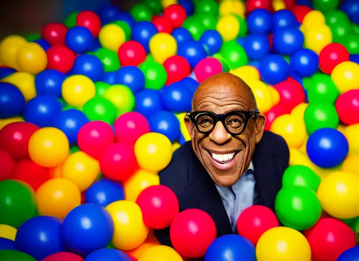 Prompt: photo still of al roker in a ball pit!!!!!!!! at age 4 6 years old 4 6 years of age!!!!!!!! hiding from parents, 8 k, 8 5 mm f 1. 8, studio lighting, rim light, right side key light