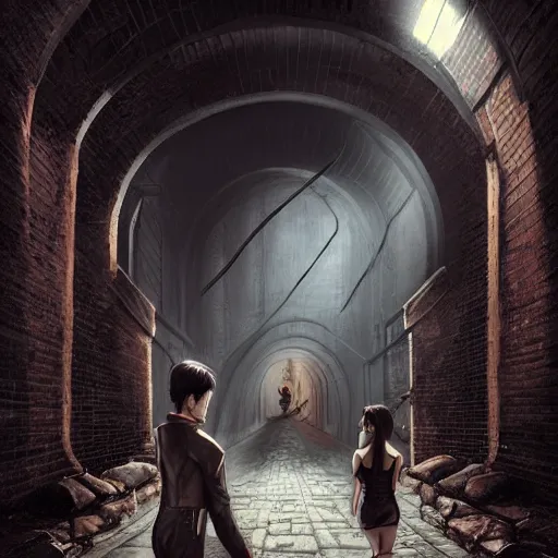 Image similar to a schoolboy and a succubus in a leather suit leaning on a cracked brick wall, devil wings, long hallway, seductive, light at the end of the tunnel, volumetric lighting, concept art, detailed, dramatic lighting, by artgerm
