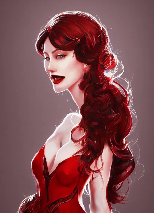 Image similar to a highly detailed illustration of long black hair white woman wearing a red and black dress, dramatic smile pose, intricate, elegant, highly detailed, centered, digital painting, artstation, concept art, smooth, sharp focus, league of legends concept art, WLOP