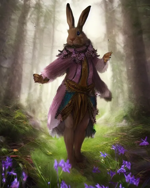 Image similar to a mystic rabbit druid mage. photorealistic, ethereal, magical forest, bokeh, highly detailed, trending artstation