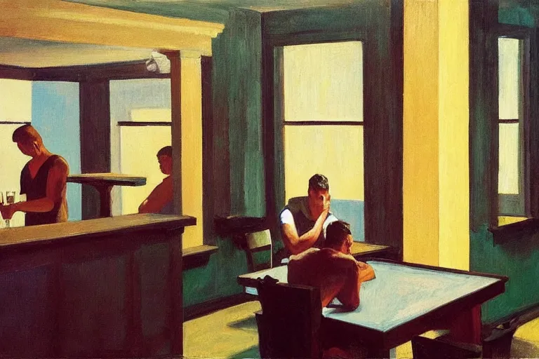 Prompt: mid - thirties guys binge drinking in an empty bar, in the style of edward hopper