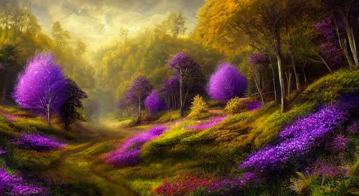 Prompt: A professional digital landscape painting of The Feywild forests overlooking a mansion, painted by Terese Nielsen, 4k, digital art, highly detailed, upper body shot, shallow depth of field, purple and yellow lighting, professional lighting, airbrush,